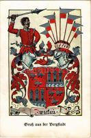 Zwickau, Gruss aus der Bergstadt, Stadtwappen. Druck Johannes Herrmann / coat of arms (fl)