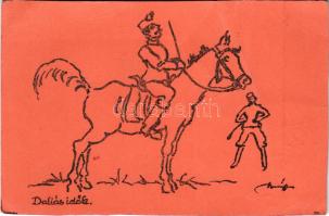'Daliás idők' katonai művészlap / Hungarian military art postcard. artist signed (vágott /...