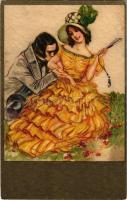 Italian lady art postcard, love couple. Degami 627