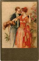 Italian lady art postcard, love couple. Degami 627