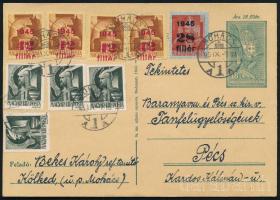 1945 Díjjegyes levelezőlap 28f/5f + 4 x 42f/20f + 4 x 1f díjkiegészítéssel, "MOHÁCS" - "PÉCS"