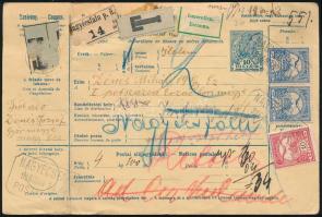 1916 Csomagszállító Turul 10f + 2 x 25f díjkiegészítéssel, "NAGYÉCSFALU" postaügynökségi b...