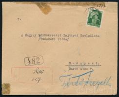 1945 Távolsági ajánlott levél 1P bérmentesítéssel: alaptarifa a Budapest körülzárása előtti utolsó napokból; kézzel rajzolt ragjeggyel, "SÜTTŐ"
