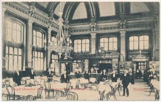 1909 Budapest VI. Nyugati pályaudvar vasúti étterem, belső pincérekkel. Pauker kiadása (EK)