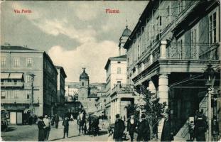 Fiume, Rijeka; Via Porto / utcakép, üzletek / city tower, streets, shops (EK)