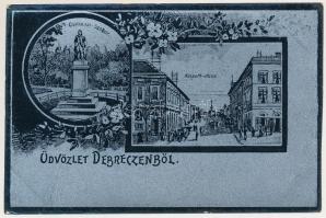 Debrecen, Csokonai szobor, Kossuth utca. Szecessziós-virágos, fémes hatású fóliás képeslap / Art Nou...