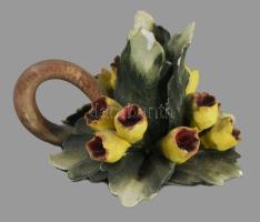 Régi Capodimonte plasztikus virágmintás gyertyatartó, jelzett, sérüléssel, 9x5,5 cm