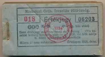1926. Miskolc 600K "Miskolczi Orth. Izraelita Anyahitközség" vágatási jegy / értékjegy 1/2...