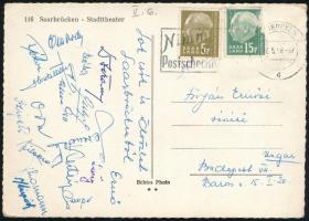 1958 Az FTC játékosai által aláírt képeslap, Saarbrückenből haza, Forgács Ernőné részére,(FC Saarbrü...