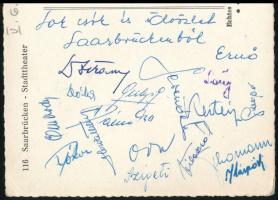 1958 Az FTC játékosai által aláírt képeslap, Saarbrückenből haza, Forgács Ernőné részére,(FC Saarbrü...