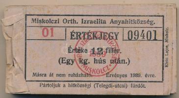1939. Miskolc 12f "Miskolczi Orth. Izraelita Anyahitközség" vágatási jegy / értékjegy 1kg ...