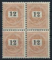 1889 12kr négyestömb szépen elfogazva, az egyik bélyegen halvány falcnyom, ezt leszámítva luxus minő...