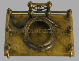 Antik bronz tintatartó kígyó figurával, üvegtégely nélkül, 8x11 cm