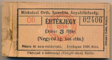1938. Miskolc 3f "Miskolczi Orth. Izraelita Anyahitközség" vágatási jegy / értékjegy 1/4kg...