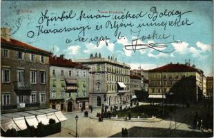 1911 Fiume, Rijeka; Piazza Elisabetta / tér, üzletek / square, shops + "FIUME - ÚJDOMBÓVÁR - BU...