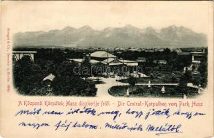 Tátra, Magas Tátra, Vysoké Tatry; Központi Kárpátok a Huszpark kávéház díszkertje felől / Die Centra...