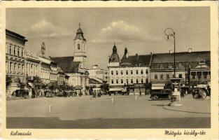 Kolozsvár, Cluj; Mátyás király tér, automobilok, Nimberger üzlete / square, automobiles, shops