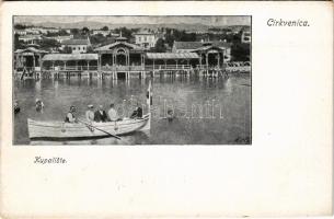 Crikvenica, Cirkvenica; Kupaliste / fürdő, strand, csónakázók / beach, bathers, rowing boat (EK)