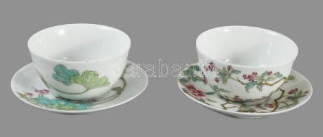 Antik kínai famille rose 2 darab csésze alátéttel, kuangxi jelzéssel, kis kopással, d: 9,5 cm