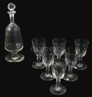 cca 19. sz. vége, Talpas kristály palack, dugóval, hozzá 6 pohár, m: 11-14 cm