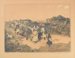 Deák Ébner Lajos (1850-1934) - Prihoda István (1891-1956): Hazafelé. Színezett rézkarc, papír, felte...