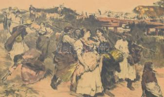Deák Ébner Lajos (1850-1934) - Prihoda István (1891-1956): Hazafelé. Színezett rézkarc, papír, felte...