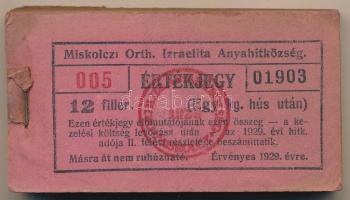 1929. Miskolc 12f "Miskolczi Orth. Izraelita Anyahitközség" vágatási jegy / értékjegy 1kg ...
