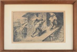 Barta László (1902-?): Rakodók, 1924. Rézkarc, papír, jelzett, üvegezett fakeretben, 18,5×26 cm