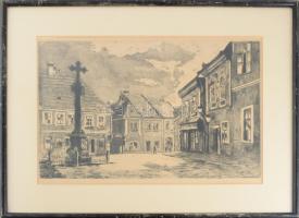 Blahos Rudolf (1917-1986): Szentendre. Rézkarc, papír, jelzett. Üvegezett, kissé sérült fakeretben, ...
