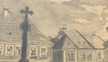 Blahos Rudolf (1917-1986): Szentendre. Rézkarc, papír, jelzett. Üvegezett, kissé sérült fakeretben, ...