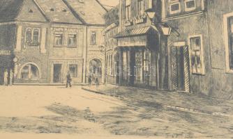 Blahos Rudolf (1917-1986): Szentendre. Rézkarc, papír, jelzett. Üvegezett, kissé sérült fakeretben, ...
