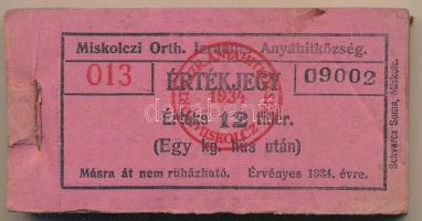 1934. Miskolc 12f "Miskolczi Orth. Izraelita Anyahitközség" vágatási jegy / értékjegy 1kg ...
