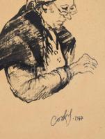 Csók jelzéssel: Női portré. Tus, papír. Paszpartuban. 22,5×14 cm
