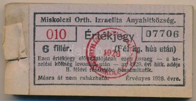 1928. Miskolc 6f "Miskolczi Orth. Izraelita Anyahitközség" vágatási jegy / értékjegy 1/2kg...