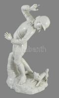 Hoechst porcleán kutyás legény figura Fehér mázas, jelzett, ujja letörött. 20 cm