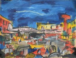 Jelzés nélkül: Reptéri jelenet. Akvarell, papír. Feltekerve, törésnyommal. 33,5×48 cm