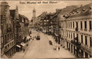 Graz (Steiermark), Murplatz mit Hotel Elefant / street view, shops, tram. Franz Knollmüller