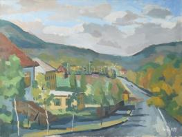 Varga József (1922-2021): Utcakép dombos tájjal. Olaj, vászon. Jelzett. 60×80 cm