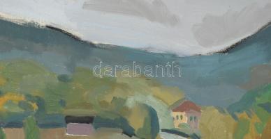 Varga József (1922-2021): Utcakép dombos tájjal. Olaj, vászon. Jelzett. 60×80 cm