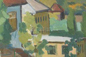 Varga József (1922-2021): Utcakép dombos tájjal. Olaj, vászon. Jelzett. 60×80 cm