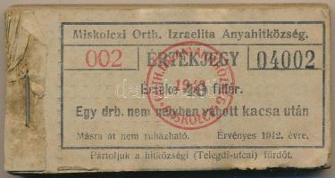 1942. Miskolc 40f "Miskolczi Orth. Izraelita Anyahitközség" vágatási jegy / értékjegy 1db ...