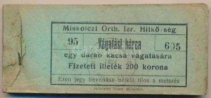 1924. Miskolc 200K "Miskolczi Orth. Izraelita Anyahitközség" vágatási jegy / értékjegy 1db...