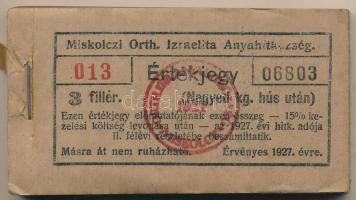 1927. Miskolc 3f "Miskolczi Orth. Izraelita Anyahitközség" vágatási jegy / értékjegy 1/4kg...