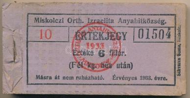 1933. Miskolc 6f "Miskolczi Orth. Izraelita Anyahitközség" vágatási jegy / értékjegy 1/2kg...