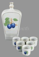 Alföldi porcelán szilvapálinkás szett, 6 pohárral, jelzett, egyik repedt, m: 4-20 cm