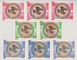 Kirgizisztán 1993(DN) 1T (3x) + 10T (2x) + 50T (3x) T:UNC
Kyrgyzstan 1993(DN) 1 Tyiyn (3x) + 10 Tyi...
