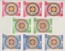 Kirgizisztán 1993(DN) 1T (3x) + 10T (2x) + 50T (3x) T:UNC
Kyrgyzstan 1993(DN) 1 Tyiyn (3x) + 10 Tyi...