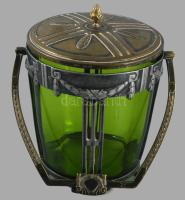 ca 1910 Szecessziós kekszes doboz. Ezüstözött fém, eredeti, hibátlan, üveg betéttel.d:13 cm, m: 17 c...