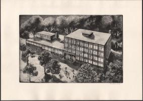 Maurer Dóra (1937-2026): 12 tantermes UNIVAZ-szerkezetű általános iskola. Rézkarc, papír, jelzett. A...