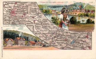 Freiburg im Breisgau with map and Restaurant zum Bären litho